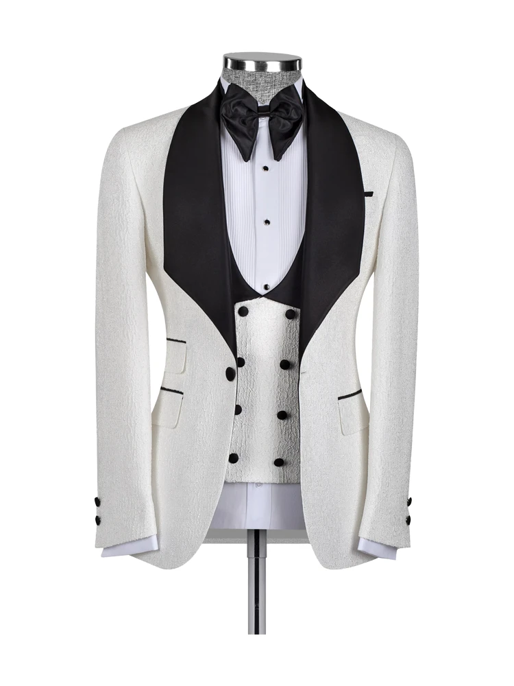 Gentle Black One-Button Shawl Lapel Wedding Suit with Jacquard